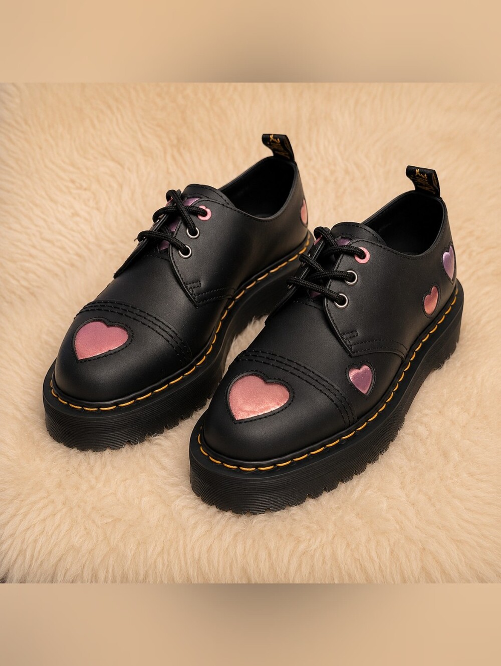 Dr. Martens 1461 Leather Heart Platform Shoes Black Pink Size 9